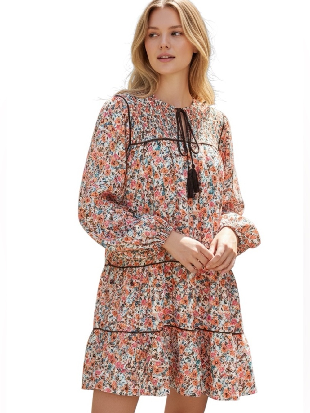 Fashion Gossip Boho Floral Long Sleeve Peasant Tunic with Tassel Dress Size M/L